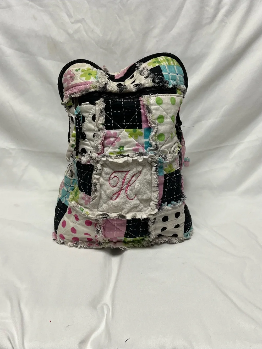 Patchwork Quilted Pink & Black Letter H Backpack